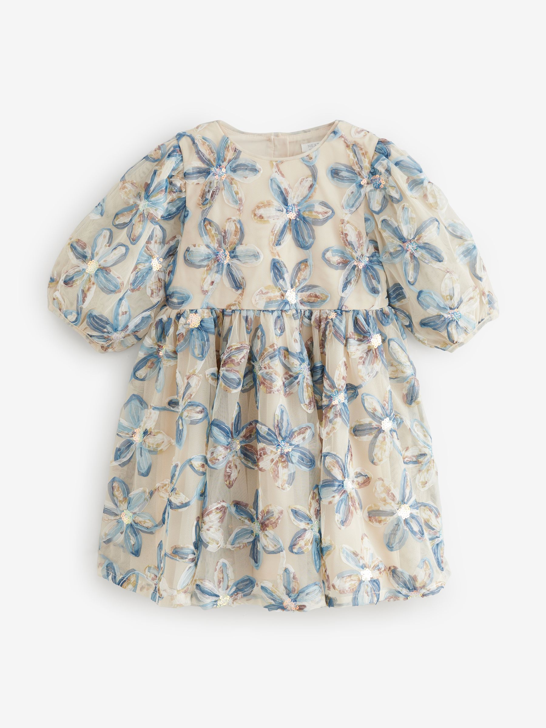 Buy Blue Embellished Puff Sleeve Dress (3-16yrs) from Next USA