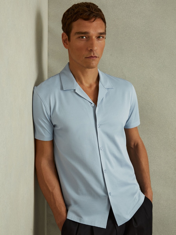 Reiss Soft Blue Caspa Mercerised Jersey Cuban Collar Shirt - Image 1 of 4 Reiss Soft Blue Caspa Mercerised Jersey Cuban Collar Shirt - Image 1 of 4
