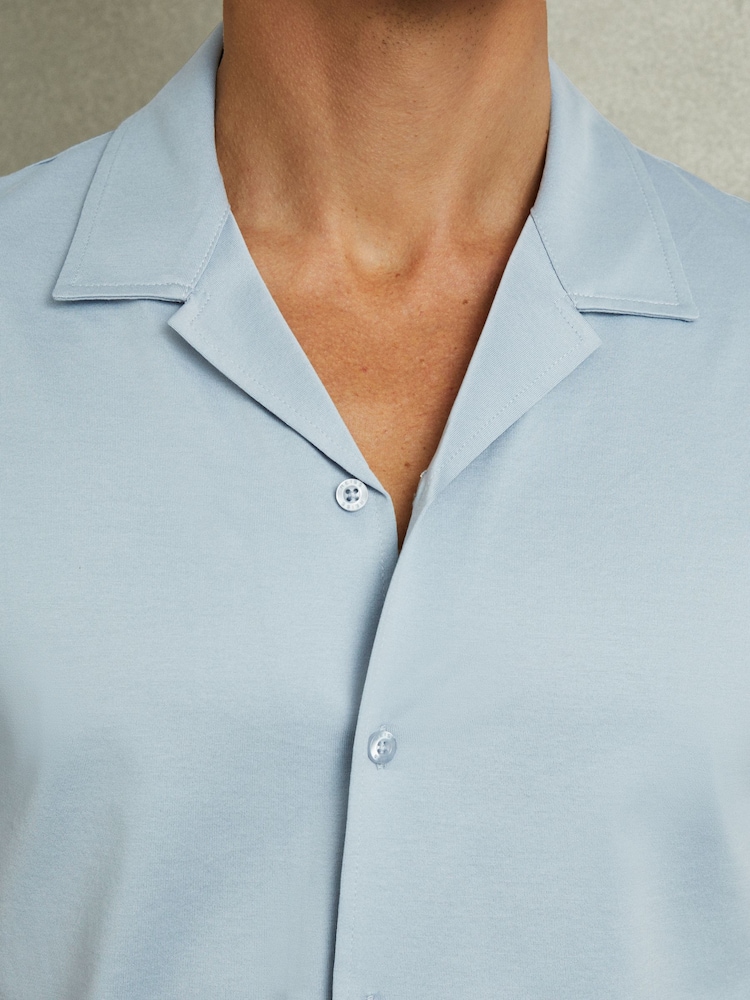 Reiss Soft Blue Caspa Mercerised Jersey Cuban Collar Shirt - Image 2 of 4 Reiss Soft Blue Caspa Mercerised Jersey Cuban Collar Shirt - Image 2 of 4