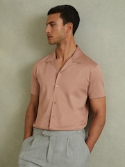 Reiss Dusty Rose Caspa Mercerised Jersey Cuban Collar Shirt - Image 1 of 4