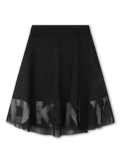 أسود - تنورة متوسطة الطول بجزء شبكي طبقتين بشعار الماركة من DKNY - صورة 1 من 3