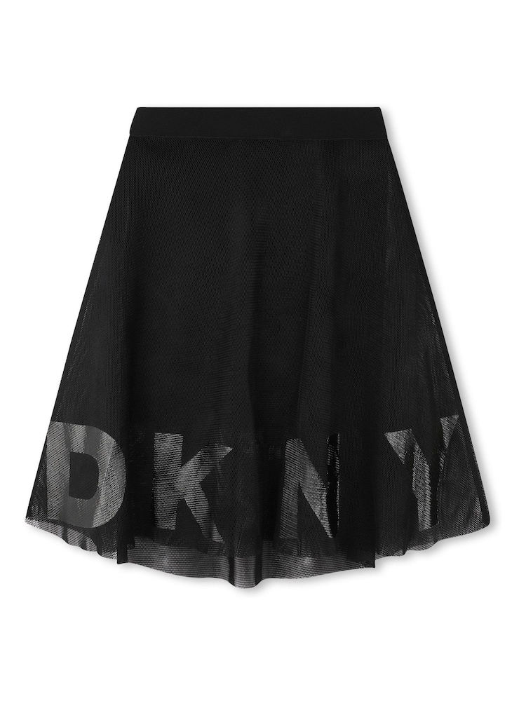 أسود - تنورة متوسطة الطول بجزء شبكي طبقتين بشعار الماركة من DKNY - صورة 1 من 3