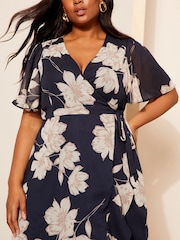 Friends Like These Navy Blue Chiffon Mix Flutter Sleeve Wrap Midi Dress - Image 2 of 4