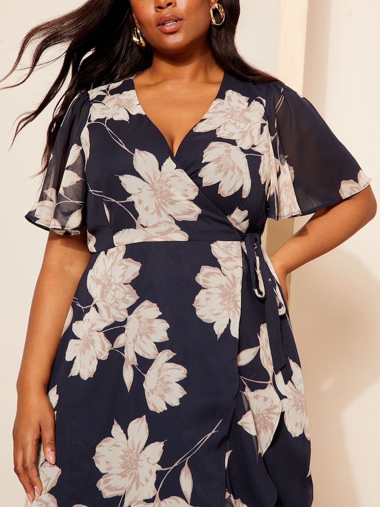 Friends Like These Navy Blue Chiffon Mix Flutter Sleeve Wrap Midi Dress - Image 2 of 4