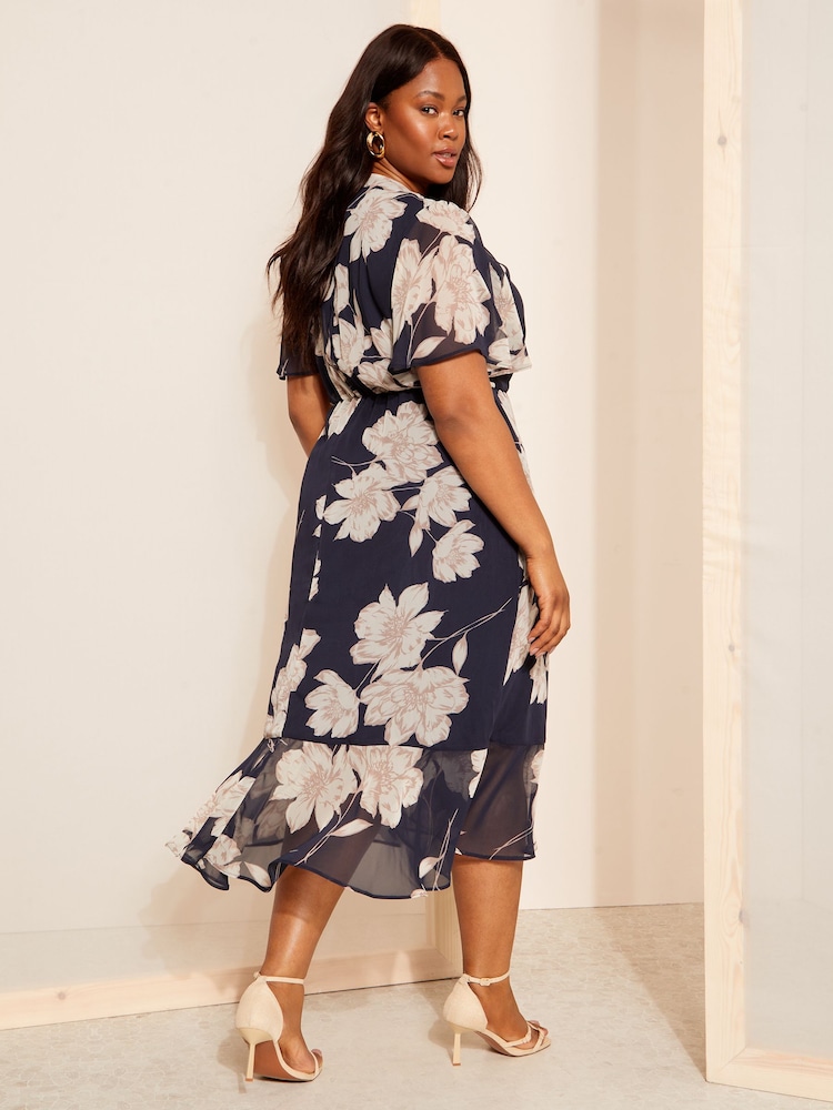 Friends Like These Navy Blue Chiffon Mix Flutter Sleeve Wrap Midi Dress - Image 4 of 4