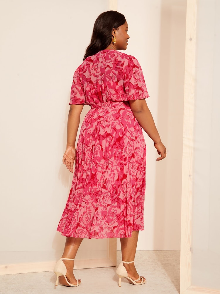Curves Like These Pink Pleated Chiffon Flutter Sleeve Wrap Midi Dress - Image 4 of 4