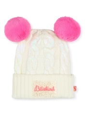 Bonnet Billieblush blanc/rose en maille torsadée à double pompon - Image 3 of 5