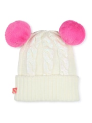 Bonnet Billieblush blanc/rose en maille torsadée à double pompon - Image 4 of 5