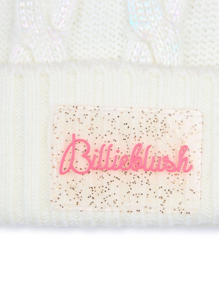 Bonnet Billieblush blanc/rose en maille torsadée à double pompon - Image 5 of 5
