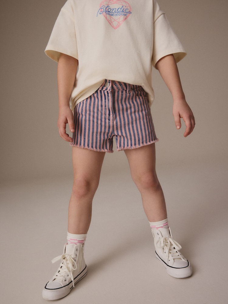 Pink/Blue Regular Length Frayed Edge Denim Shorts (3-16yrs) - Image 1 of 7