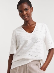 JD Williams White Angel Sleeve V-Neck Broderie 100% Cotton Top - Image 1 of 5