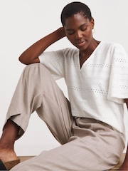 JD Williams White Angel Sleeve V-Neck Broderie 100% Cotton Top - Image 3 of 5