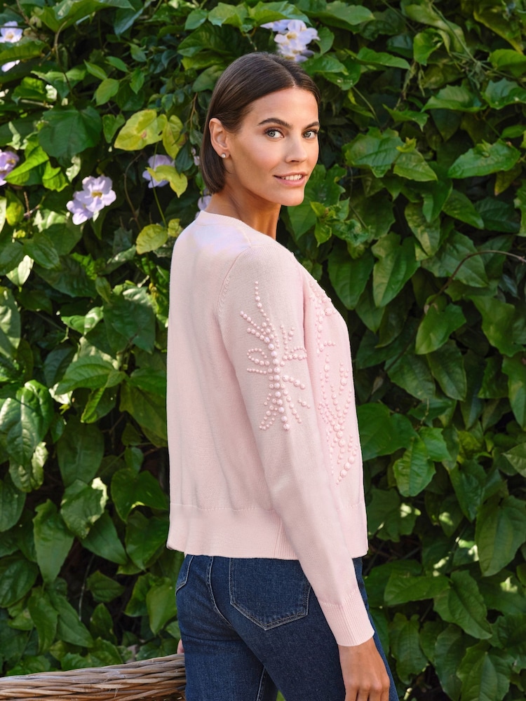 Pure Collection Pink Cotton Hand Beaded Cardigan - Image 2 of 3 Pure Collection Pink Cotton Hand Beaded Cardigan - Image 2 of 3