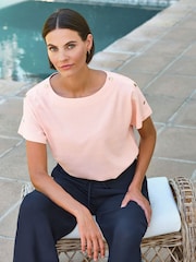 Pure Collection Pink Button Shoulder Textured T-Shirt - Image 1 of 3