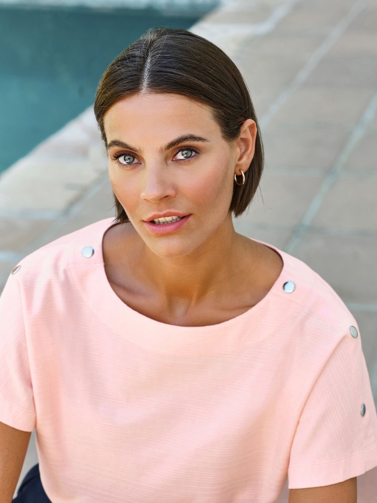 Pure Collection Pink Button Shoulder Textured T-Shirt - Image 3 of 3