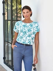 Pure Collection Blue Grown On Sleeve Cotton T-Shirt - Image 1 of 3