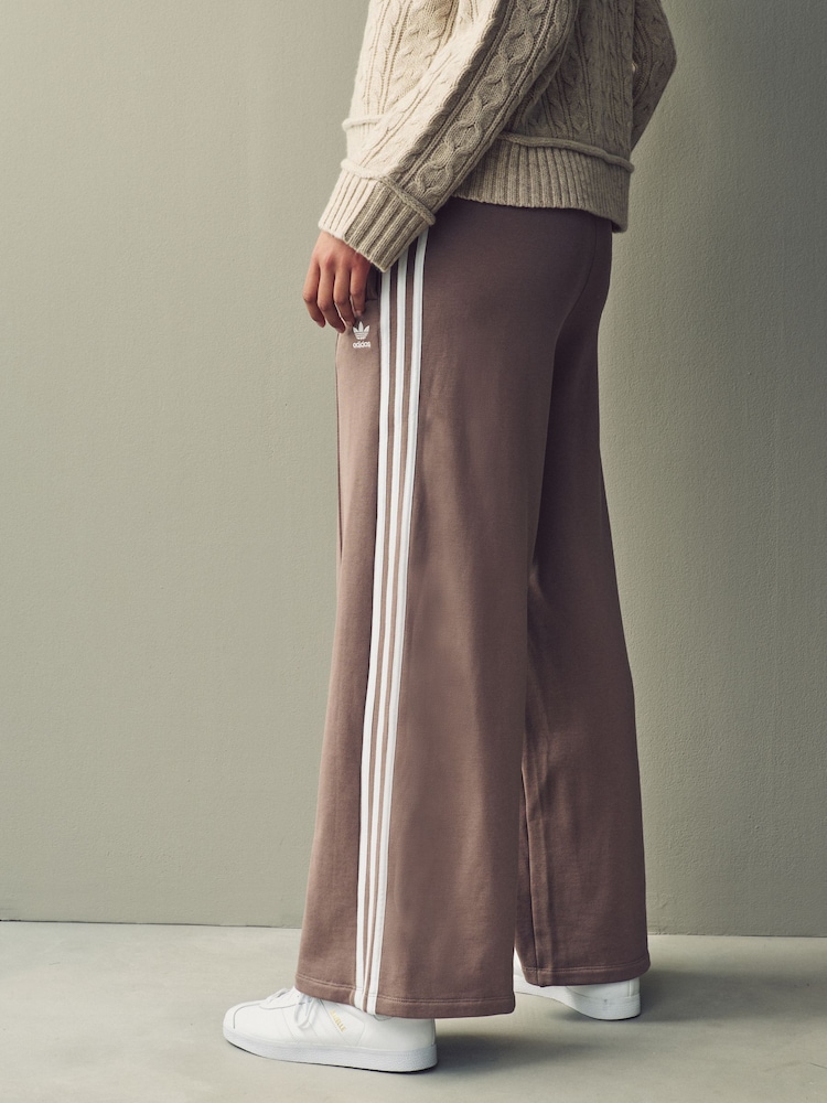 adidas Originals Brown 3 Stripe Wide Leg 100% Cotton Joggers - Image 3 of 10