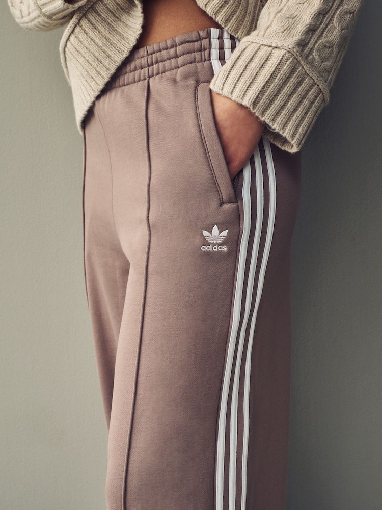 adidas Originals Brown 3 Stripe Wide Leg 100% Cotton Joggers - Image 4 of 10