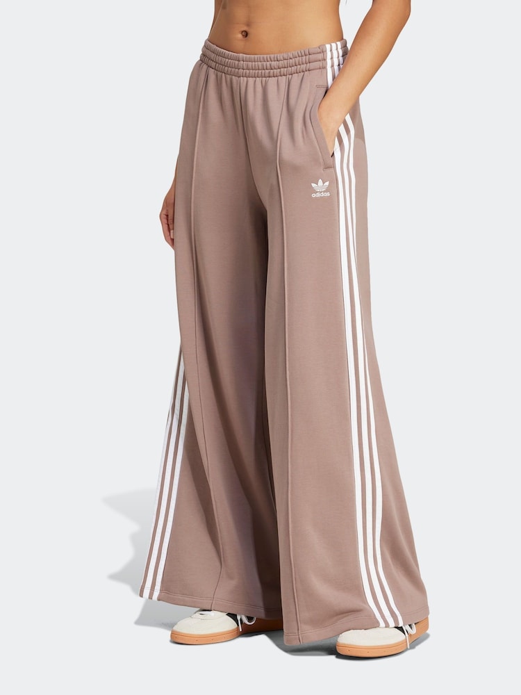 adidas Originals Brown 3 Stripe Wide Leg 100% Cotton Joggers - Image 5 of 10