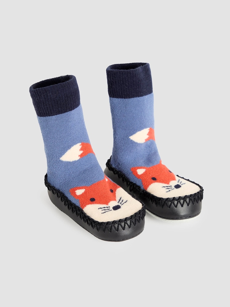 JoJo Maman Bébé Navy Blue Fox Moccasin Slipper Socks - Image 1 of 4