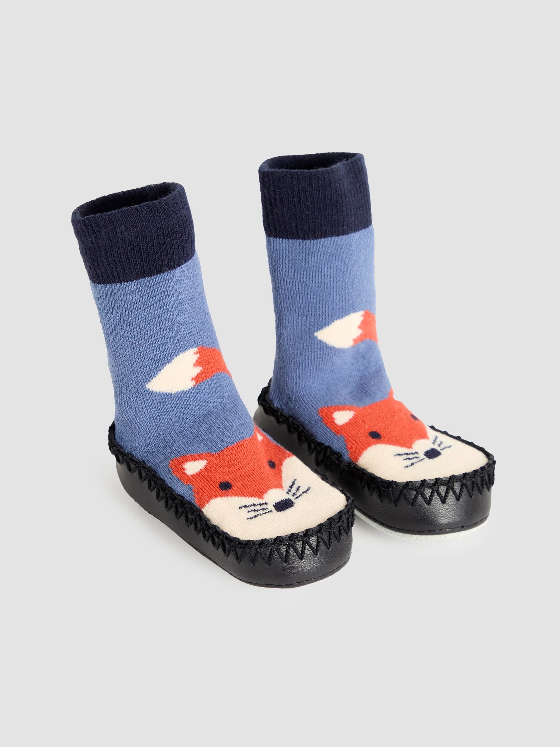 JoJo Maman Bébé Navy Blue Fox Mouse Moccasin Slipper Socks view 1