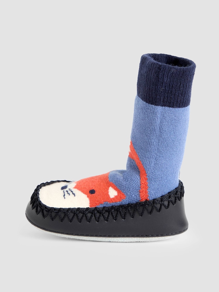 JoJo Maman Bébé Navy Blue Fox Moccasin Slipper Socks - Image 3 of 4
