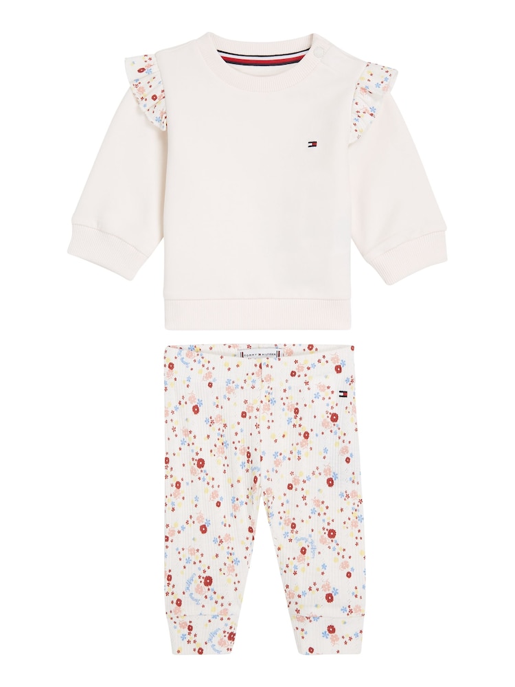 Tommy Hilfiger White Flower Print Sweat 100% Cotton Top and Joggers 2 Piece Set - Image 1 of 3