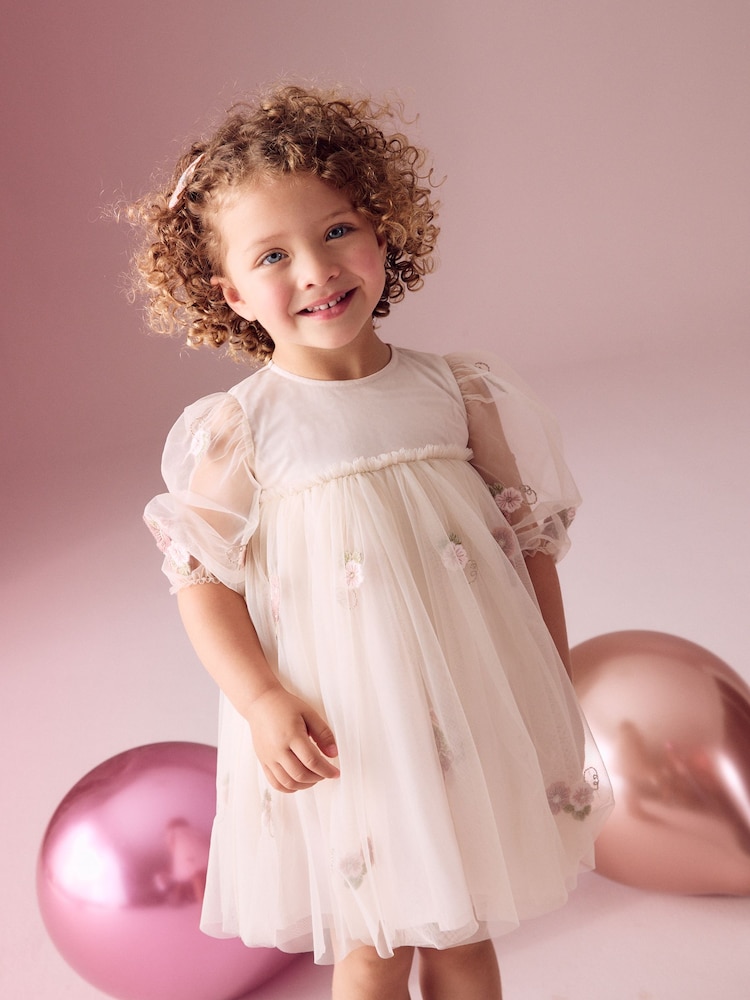 Cream Embroidered Long Sleeve Mesh Dress (3mths-8yrs) - Image 1 of 9