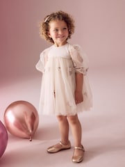 Cream Embroidered Long Sleeve Mesh Dress (3mths-8yrs) - Image 2 of 9