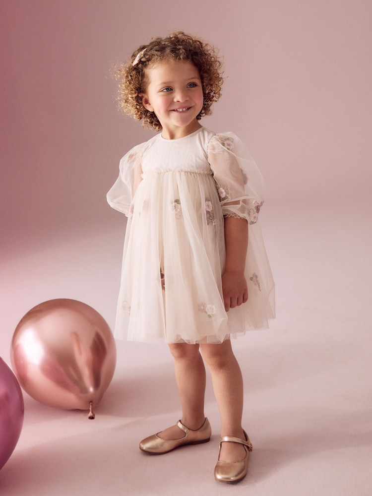 Cream Embroidered Long Sleeve Mesh Dress (3mths-8yrs) - Image 2 of 9