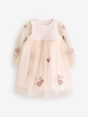 Cream Embroidered Long Sleeve Mesh Dress (3mths-8yrs) - Image 6 of 9