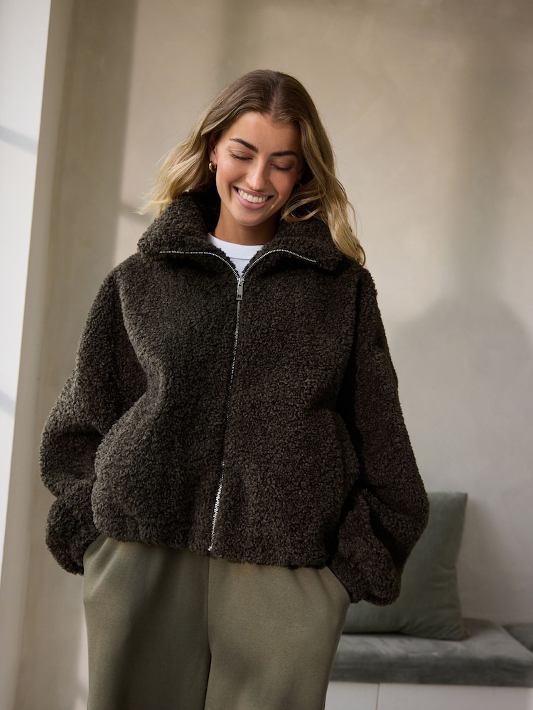 Khaki Borg Full Zip Jacket - Image 1 of 6