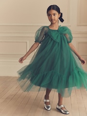 Green Bow Detail Sparkle Mesh Dress (3-16yrs) - Image 1 of 9