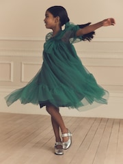 Green Bow Detail Sparkle Mesh Dress (3-16yrs) - Image 2 of 9
