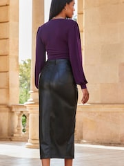 Sosandar Black Faux Leather Long Line Pencil Skirt With Split - Image 3 of 3