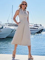 Sosandar Natural Stripe Fit & Flare Denim Dress With Belt - Image 5 of 6