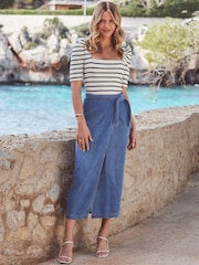 Sosandar Blue Denim Tie Waist Midi Skirt - Image 4 of 5