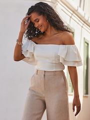 Sosandar White Linen Blend Ruffle Sleeve Top - Image 1 of 5
