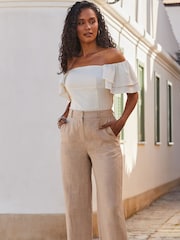 Sosandar White Linen Blend Ruffle Sleeve Top - Image 2 of 5