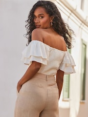 Sosandar White Linen Blend Ruffle Sleeve Top - Image 3 of 5