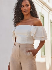 Sosandar White Linen Blend Ruffle Sleeve Top - Image 4 of 5