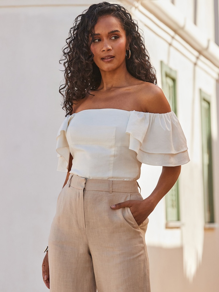 Sosandar White Linen Blend Ruffle Sleeve Top - Image 4 of 5