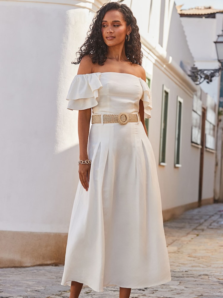 Sosandar White Linen Blend Ruffle Sleeve Top - Image 5 of 5