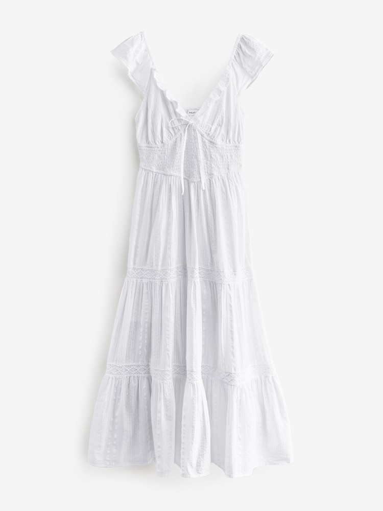 White 100% Cotton Texured Maxi Summer Dress - Image 4 of 6