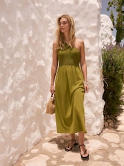 Green Shirred One Shoulder 100% Cotton Midi Dress - Image 1 of 7