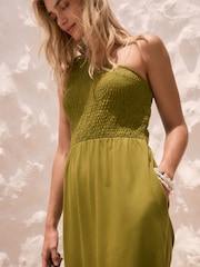Green Shirred One Shoulder 100% Cotton Midi Dress - Image 3 of 7