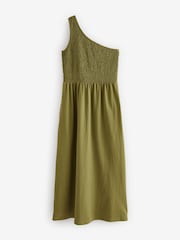 Green Shirred One Shoulder 100% Cotton Midi Dress - Image 5 of 7