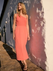 Coral Pink Shirred One Shoulder 100% Cotton Midi Dress - Image 1 of 7