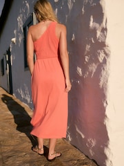 Coral Pink Shirred One Shoulder 100% Cotton Midi Dress - Image 2 of 7
