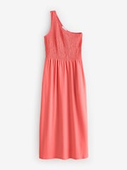 Coral Pink Shirred One Shoulder 100% Cotton Midi Dress - Image 5 of 7